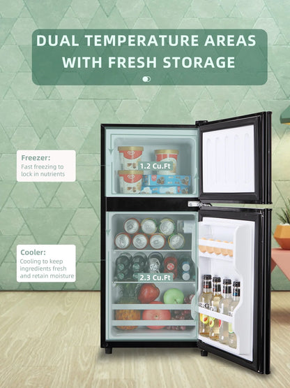 Krib B Compact Refrigerator 3.5 Cu.ft, Mini Fridge with Freezer, Modern Fridge with Dual Door, 7 Grade Temperature Adjustment, Silver