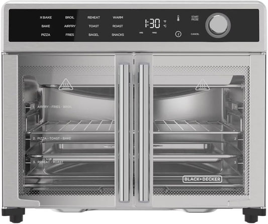 BLACK+DECKER Crisp 'N Bake Air Fryer Toaster Oven Combo, 12 in 1 Countertop Convection Oven Cooks Food Fast, Fits a Whole Pizza or 6 Toast Slices, French Doors with Stainless Steel Finish