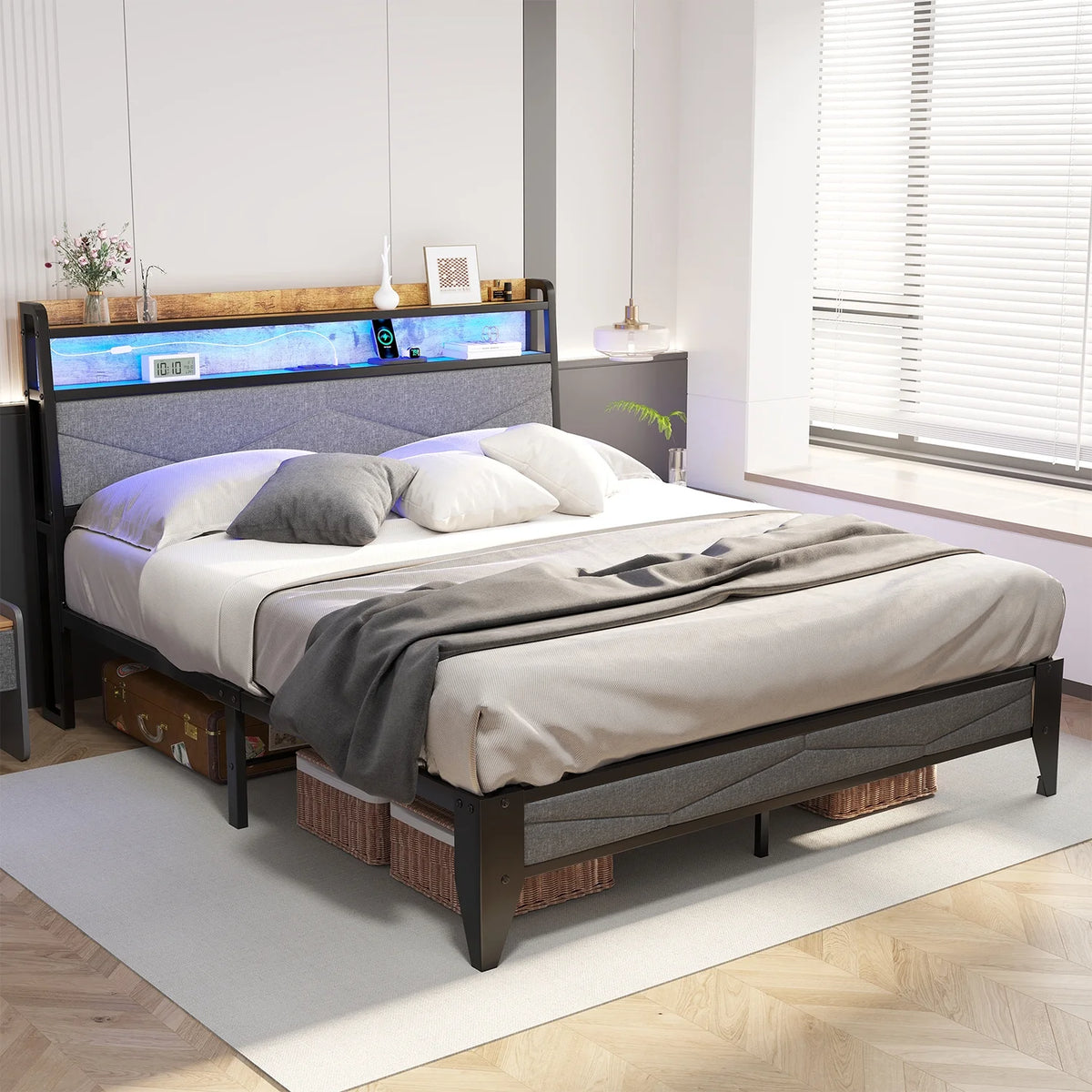 Meteorleg Twin Size Bed Frame with Storage Headboard & Charging Station,Platform Metal Bed Frame with RGB Lights,Grey