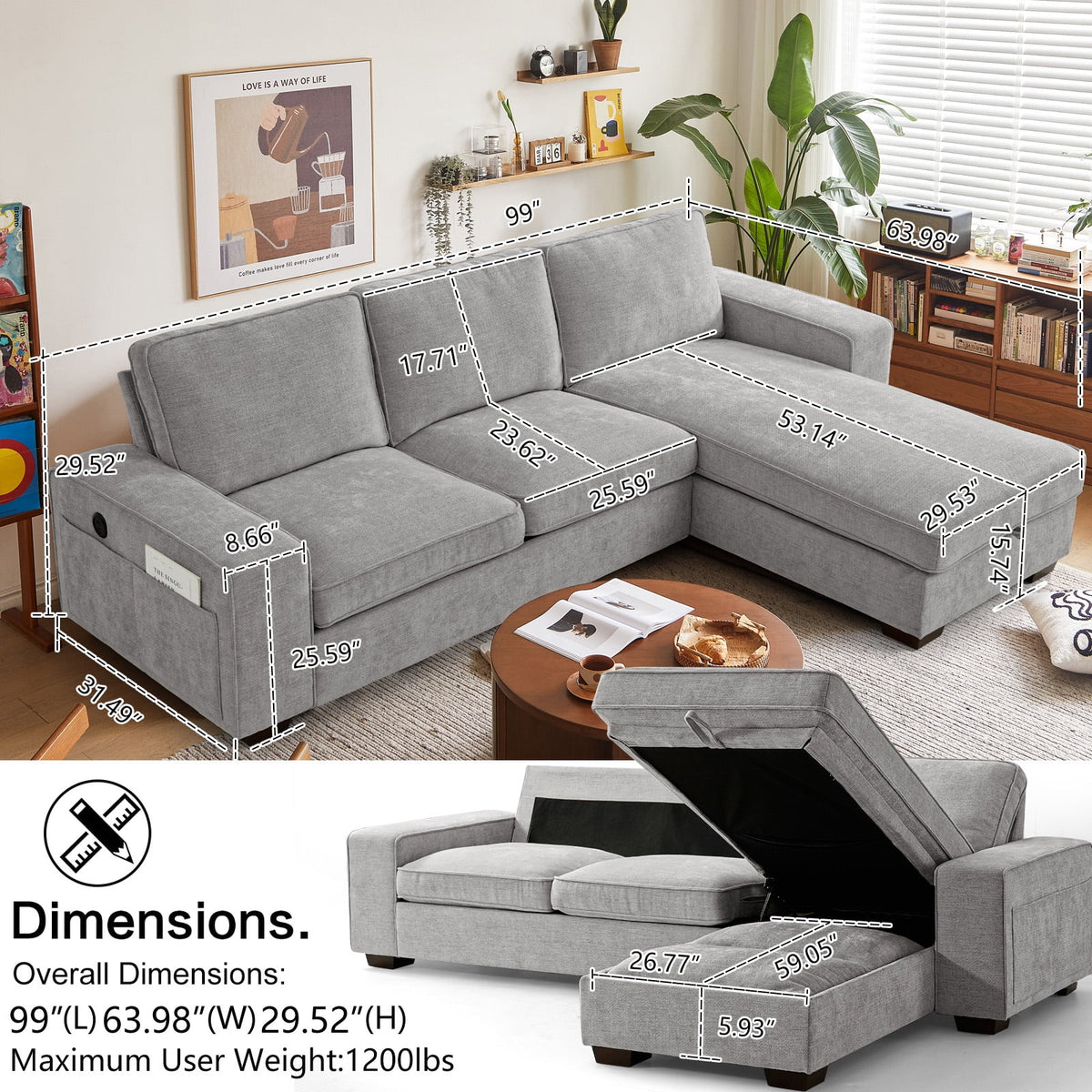 ASHOMELI 99'' Convertible Sectional Sofa,L Shaped Couch,Multi-Functional Reversible Sofa with USB and Type-C Charging Ports, Storage Space, Breathable Fabric