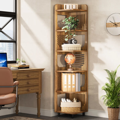 Fnova 71" 6-Tier Tall Corner Bookshelf, Rustic Wooden Narrow Corner Bookcase with Artistic Square Rack, Freestanding Display Storage Shelf for Space-Saving Home Organizing