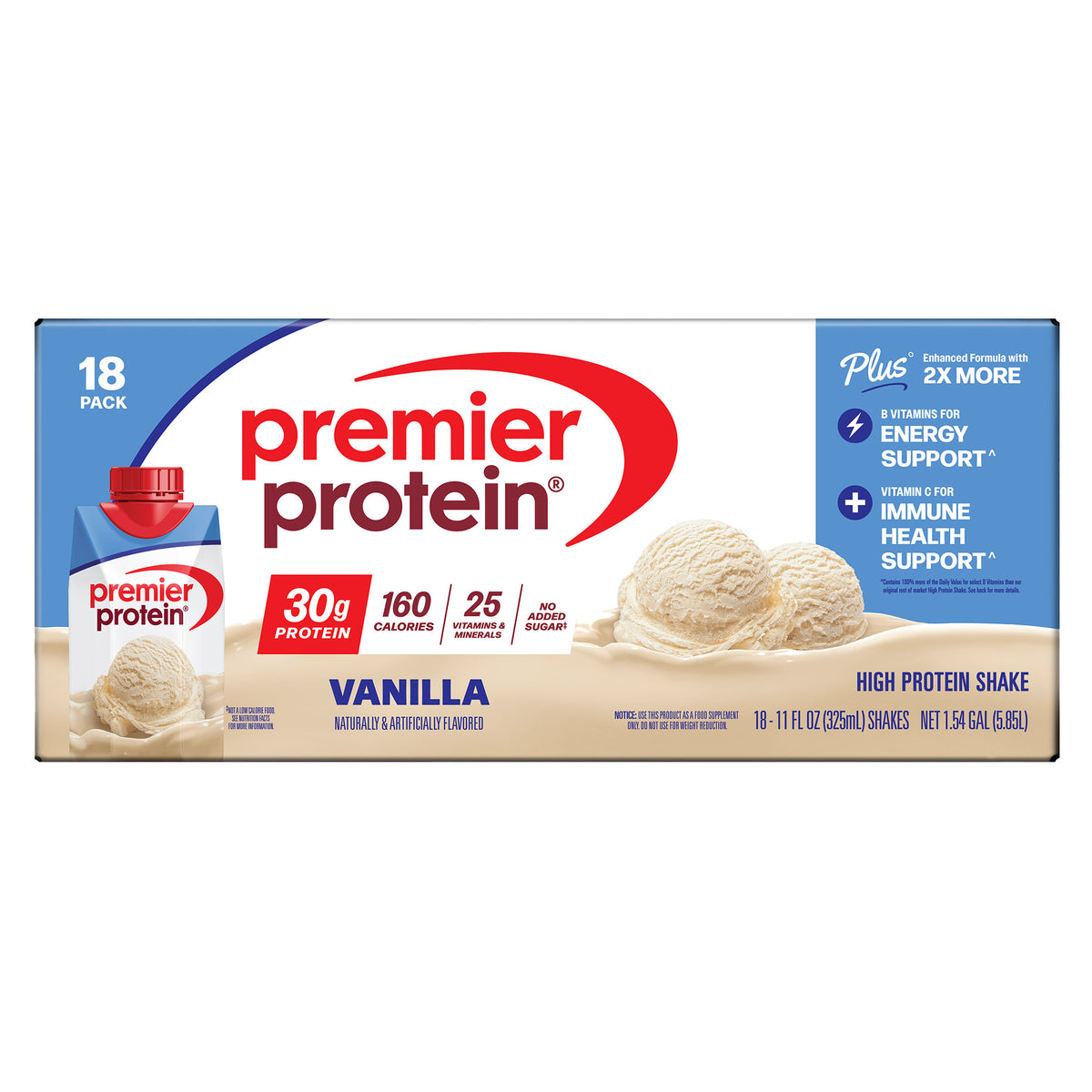 Premier 30g Protein PLUS Energy and Immune Support Shakes, Vanilla, 11 fl oz, 18-pack
