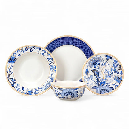 STP GOODS Melodie de Fleurs Bone China Dinnerware Set of 24 Service for 6 24-Piece Dish Set of Plates and Bowls, Blue Gold White