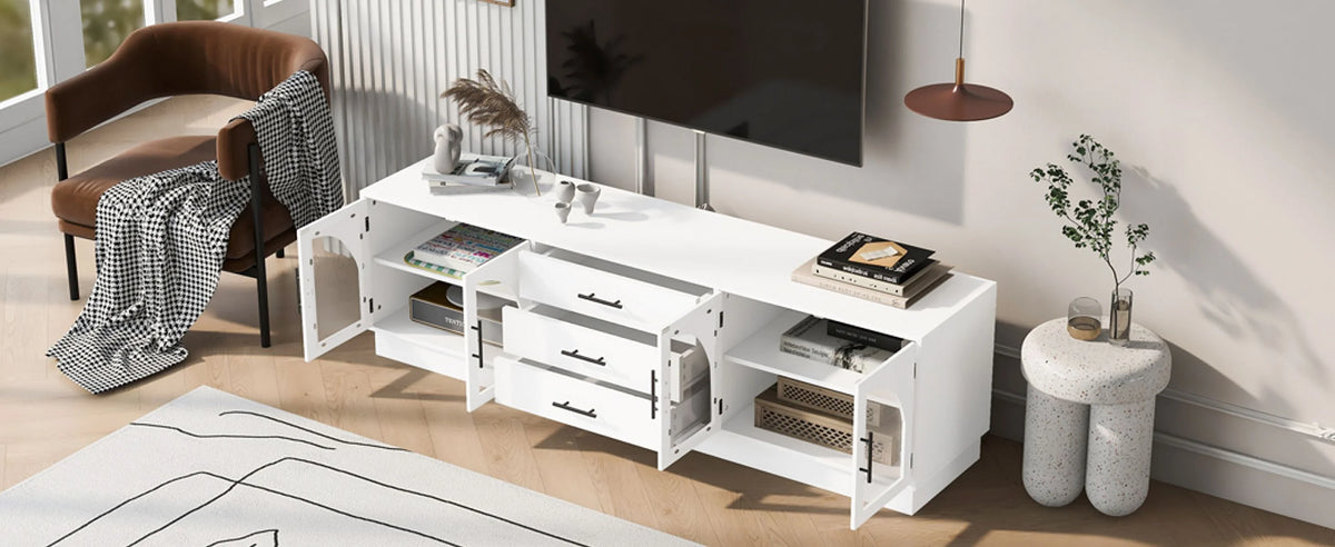 Euroco Modern TV Stand with Arched Glass Doors, Drawers & Adjustable Shelves for TVs up to 75 Inches