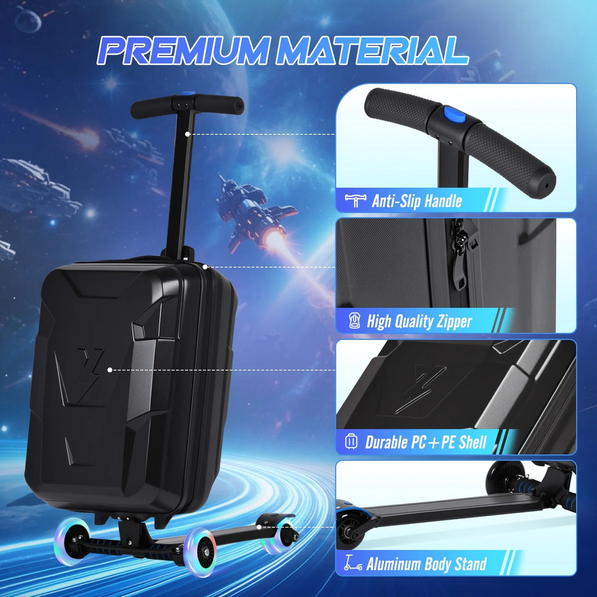 Advwin Ride-On Scooter Suitcase with LED Light-up Wheels, Hardshell Lightweight Foldable Rideable Luggage for Kids & Adults, Silver