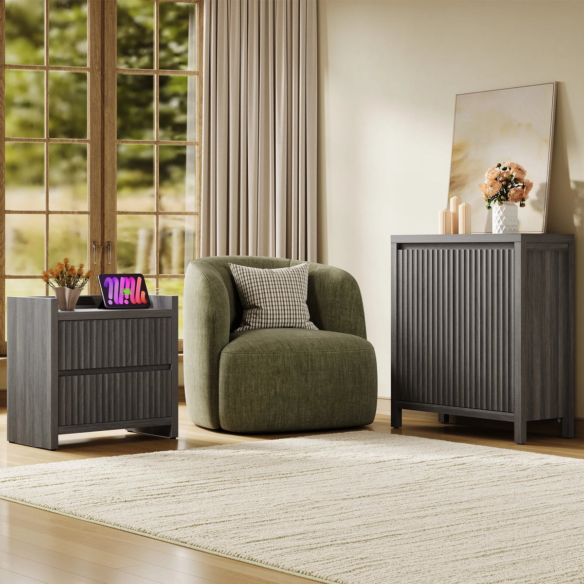 SICOTAS 25.4" Wide Nightstand Set of 2 with Charging Station, Modern Night Stand  with  2 Fluted Dresser & Handle-Less Storage Farmhouse Bed Side Table  for Bedroom, Natural Oak
