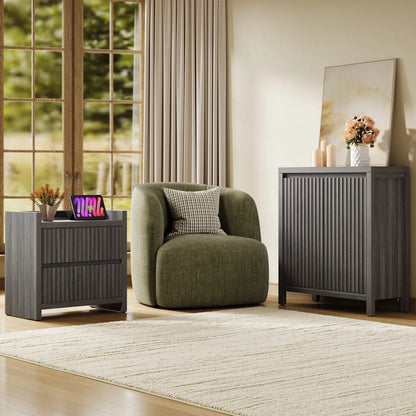 SICOTAS 25.4" Wide Nightstand Set of 2 with Charging Station, Modern Night Stand  with  2 Fluted Dresser & Handle-Less Storage Farmhouse Bed Side Table  for Bedroom, Natural Oak