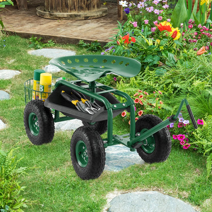 Costway Garden Cart Rolling Work Seat for Planting with Extendable Handle Green