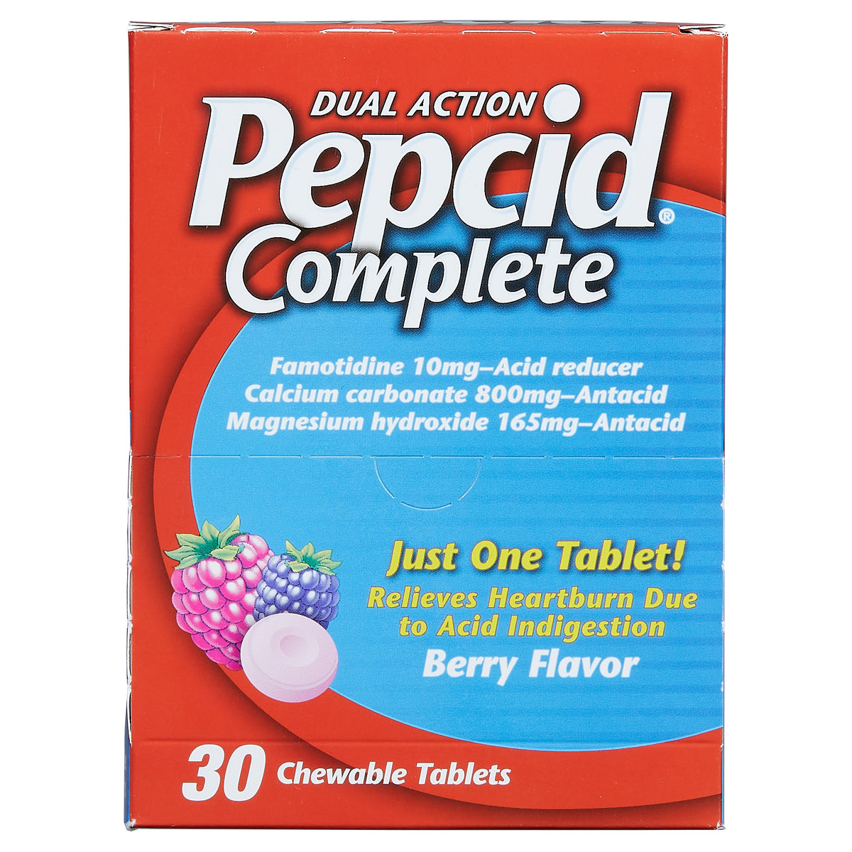 Pepcid Complete Dual Action Acid Reducer and Antacid, Chewable Tablet, Berry, Dispenser Pack, 30-count
