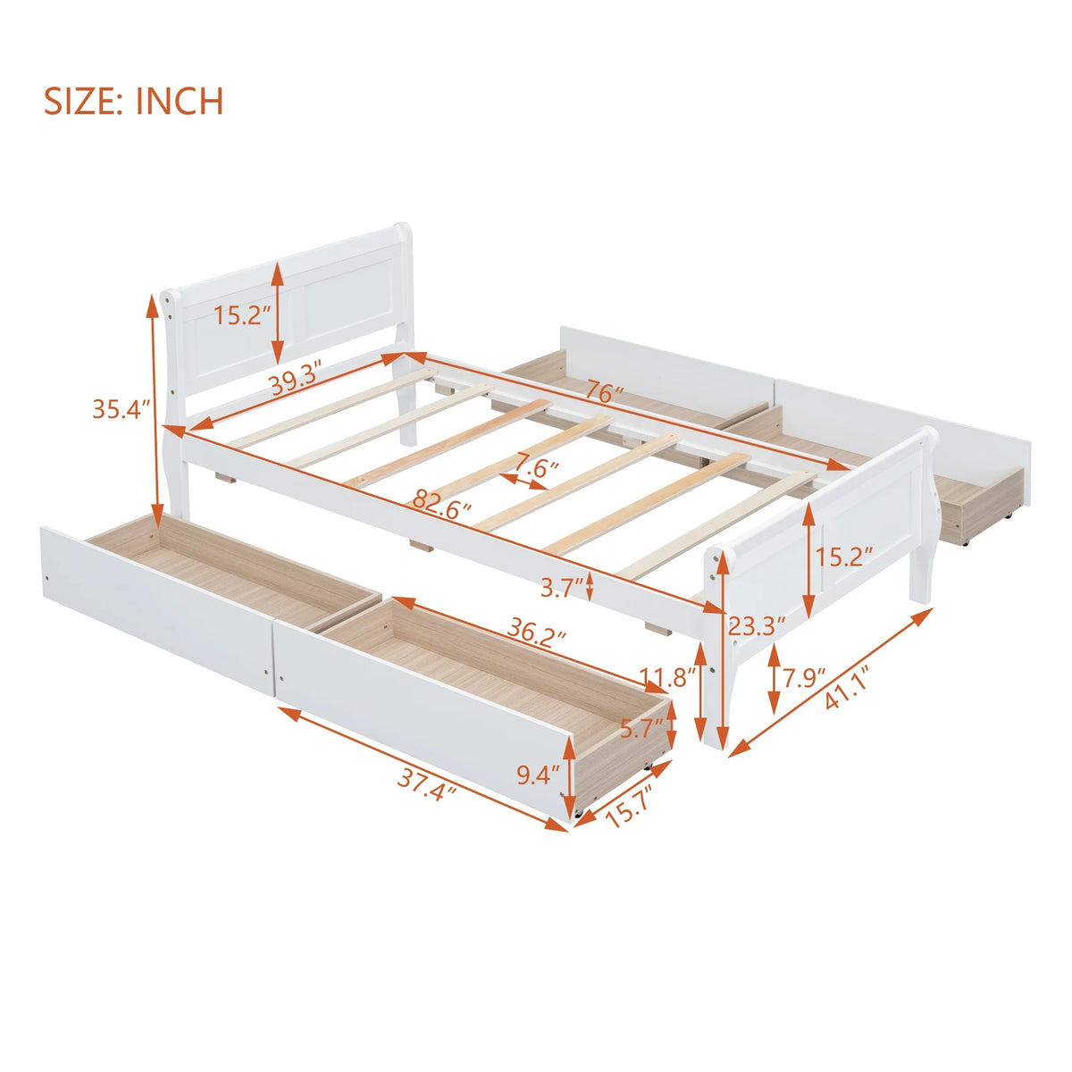 Full Size Wood Platform Bed with 4 Drawers,Storage Bed Frame with Streamlined Headboard and Footboard for Kids, Teens, Boys, Girls,Wooden Slats Support, No Box Spring Needed,Oak