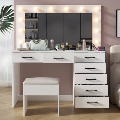 Ktaxon Large Makeup Vanity, Vanity Table Set w/ Visible Glass Top w/ Charging Station, White