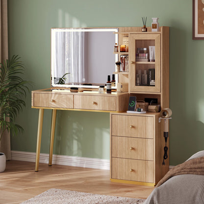 Linsy Home Large 47.2" Makeup Vanity With Mirror And 11 Lights, Glass Top Vanity Desk with 9 Drawers & 2 Adjustable Cabinets, Dressing Table with Charging Station & Hair Dryer Rack For Bedroom, White