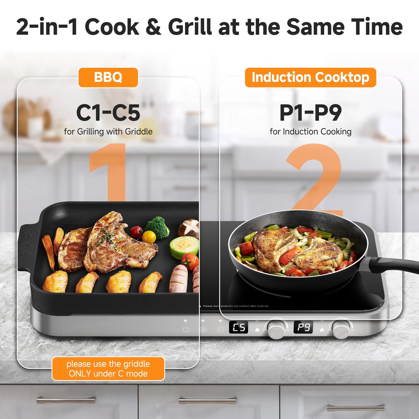 Sunmaki Portable Double Induction Cooktop with Removable Griddle Pan Non-stick, 1800W 2 burner Induction Hot Plate With Sensor Touch 9 Power Levels, 99 Min Timer,Great for Family Party