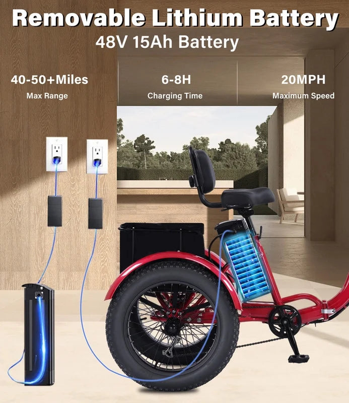YEBEI Electric Tricycle for Adults Folding E-Trike Motorized Tricycle Electric 3 Wheels Trike Powerful 500W Motor Electric Tricycle 48V15AH Lithium Battery Max 20MPH 20*4.0” Fat Tire Orange