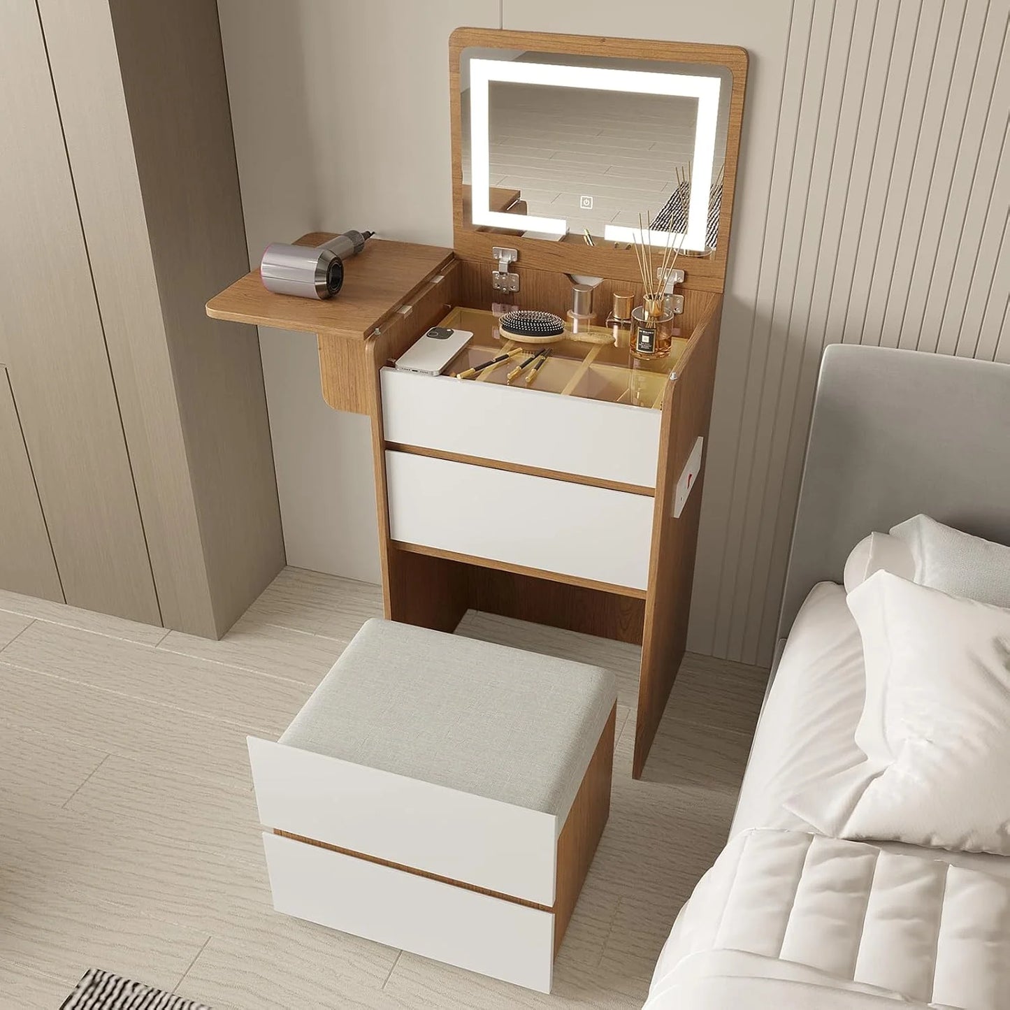 Vanity Desk with Flip Top Lighted Mirror, Compact Makeup Table with Storage Stool, Integrated Vanity with Drawers, 3-in-1 Vanity Set, Small Dressing Desk for Bedroom