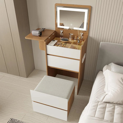 Vanity Desk with Flip Top Lighted Mirror, Compact Makeup Table with Storage Stool, Integrated Vanity with Drawers, 3-in-1 Vanity Set, Small Dressing Desk for Bedroom