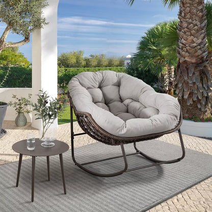 Outdoor Papasan Rocking Chair, Patio Oversized Wicker Egg Rocking Chair, Indoor & Outdoor Comfy Rocker Chair with Thick Cushion, Modern Lounge Chair for Front Porch, Garden, Backyard, Grey