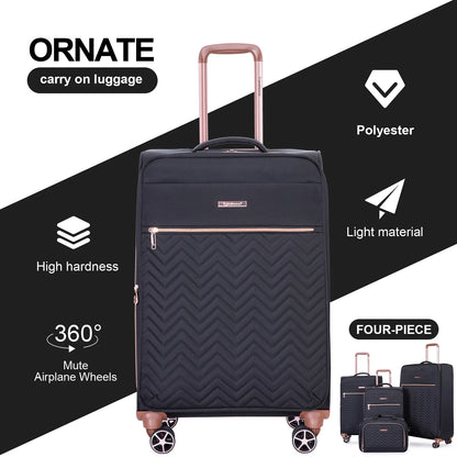 Travelhouse 4 Piece Luggage Set Softside Expandable Lightweight Suitcase with Double Spinner Wheels.(Black)
