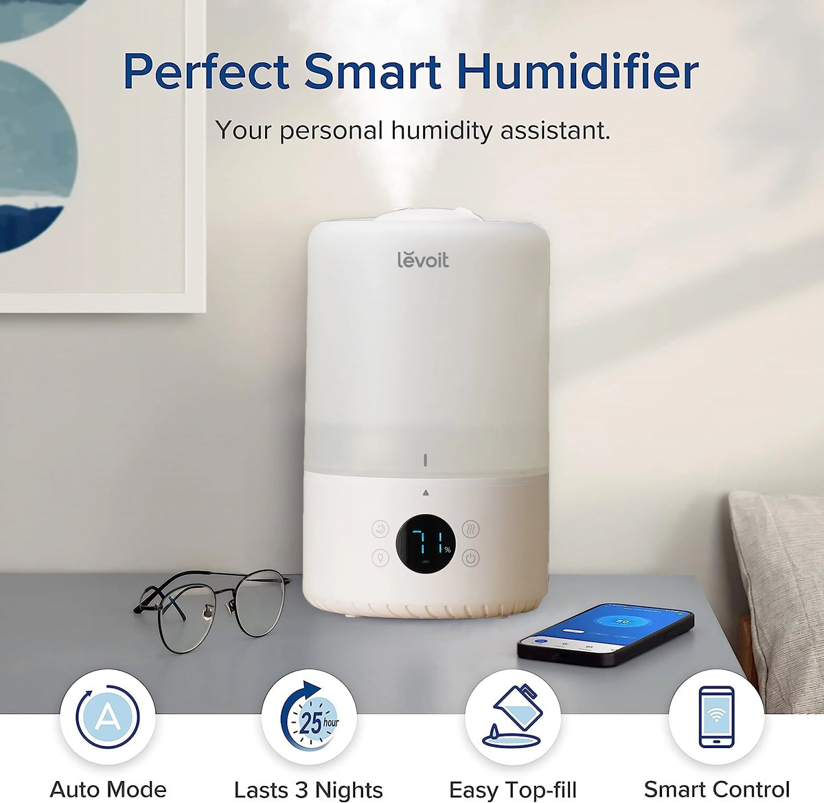 Levoit Smart Cool Mist Humidifier for Rooms, Top-Fill Humidifier for Baby with Sensor, Night Light, 3 Liter, Dual 200S, White