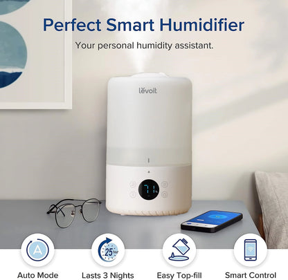 Levoit Smart Cool Mist Humidifier for Rooms, Top-Fill Humidifier for Baby with Sensor, Night Light, 3 Liter, Dual 200S, White