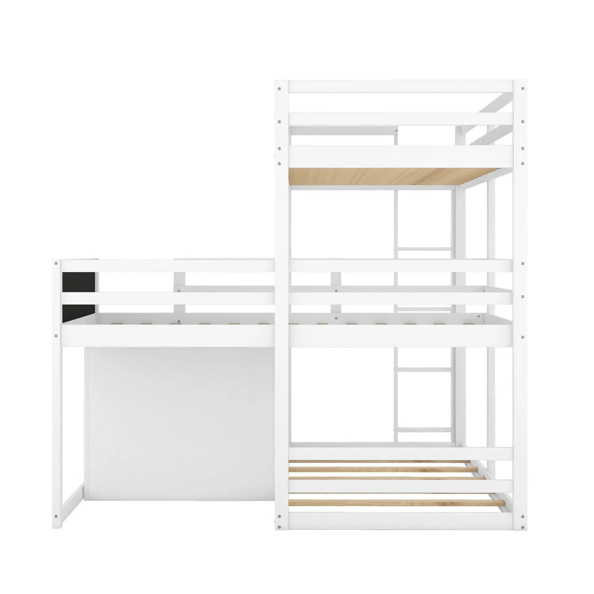 Triple Bunk Beds, L-Shaped Triple Beds with Storage Cabinet & Blackboard, Solid Wood Bunk Beds Frame with Full-length Guardrails & Built-in Ladder for Kids, Teens, 3 Beds in 1, Twin/Twin/Twin, White