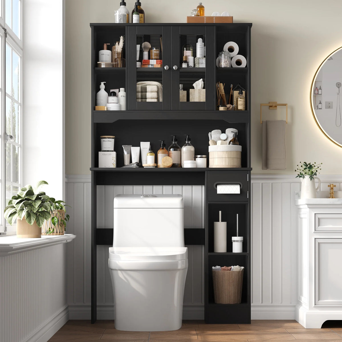 Homfa Over The Toilet Storage Cabinet with Toilet Paper Holder Stand, Above Toilet Organizer with Glass Doors, Behind Toilet Shelf for Restroom, Bathroom, Laundry, White