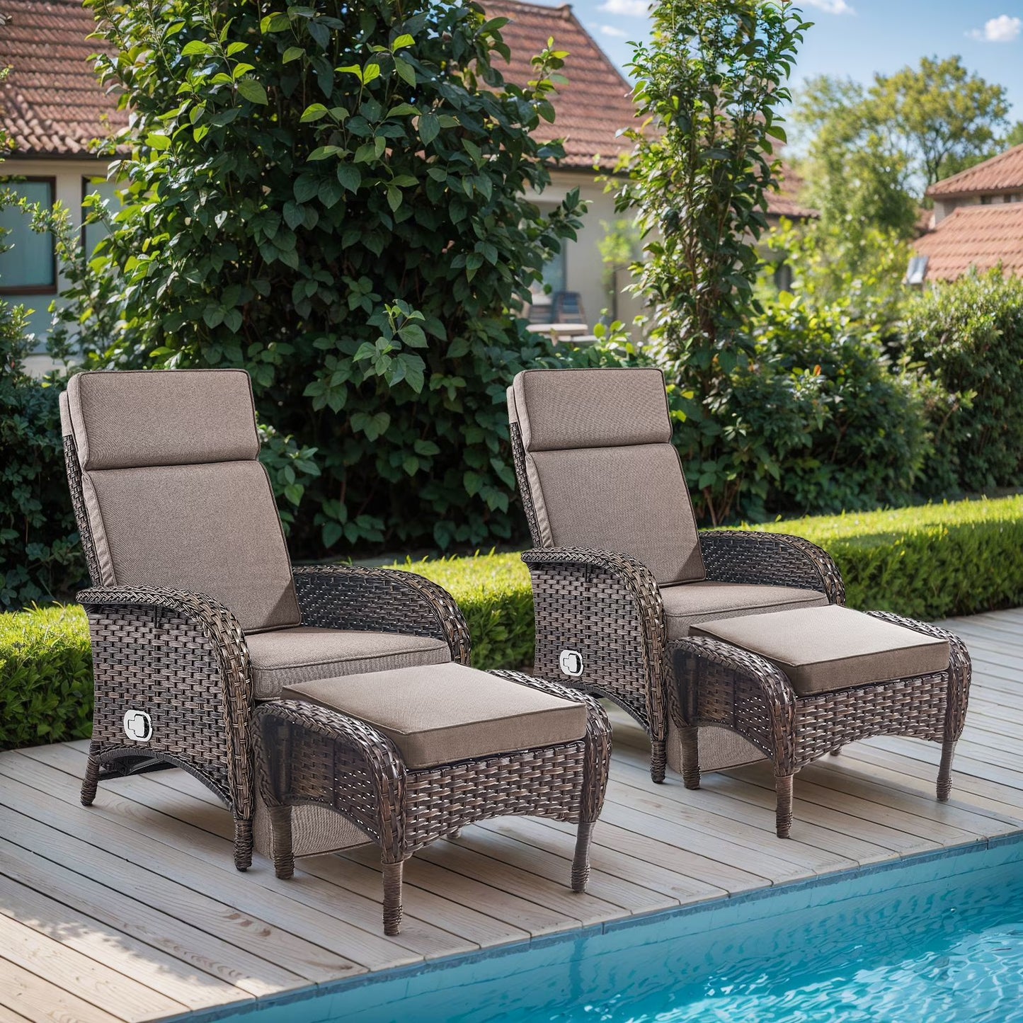 OPOHORO Outdoor Recliner Chair, Adjustable Reclining Patio Chair with Cushion, Wicker Outdoor Chaise Lounge with Adjustable Backrest and Footrest, Ideal for Pool Deck, Beige