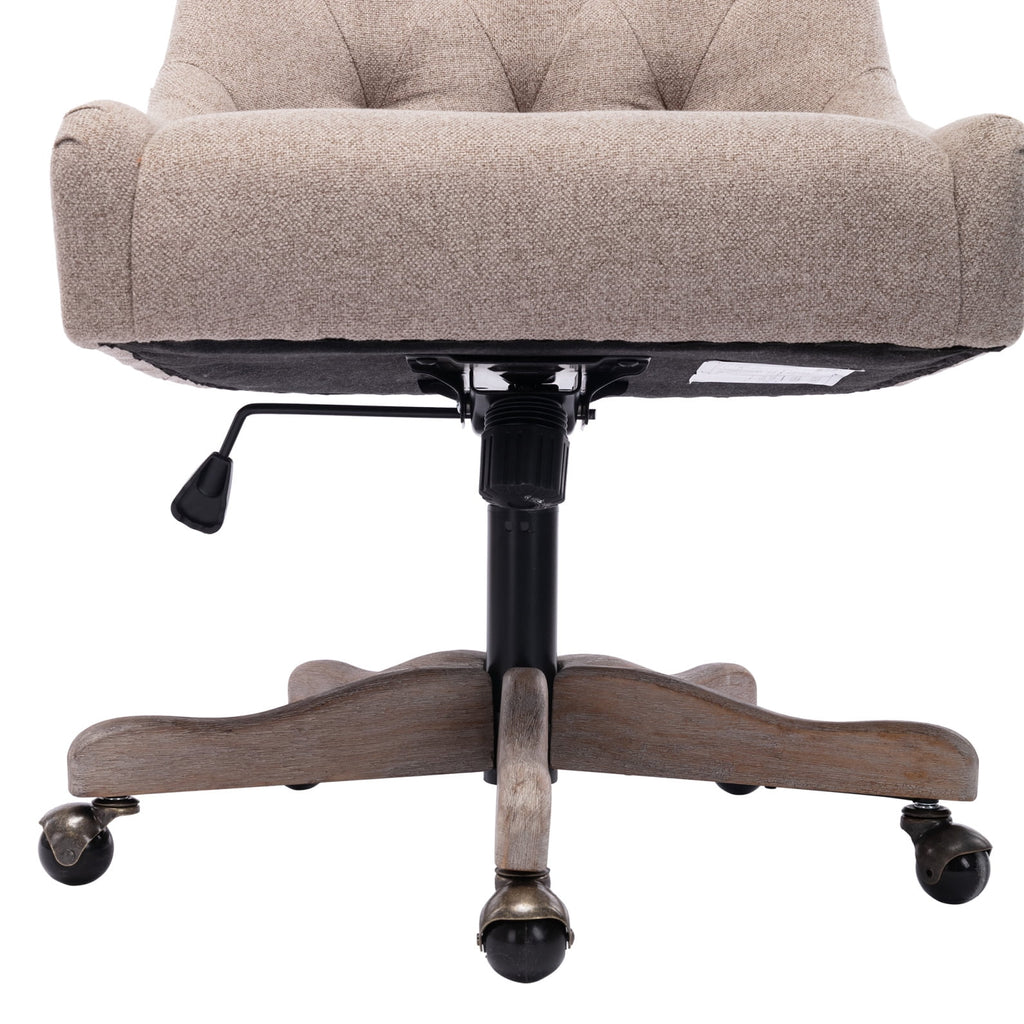 360 Degree Swivel Office Desk Chair, Upholstered Leisure Vanity Chair with Solid Wood Base and Wheels, Adjustable Height Computer Chair for Bedroom Living Room, Brown