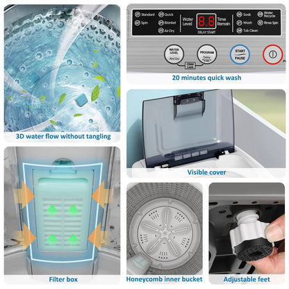 Qhomic Portable Washing Machine, 18.7lbs Full Automatic Compact 10 Programs & 8 Water Levels Washer Machine with Child Lock and LED Display, Low Noise Laundry Wash for Apartments, RVs, Dorms