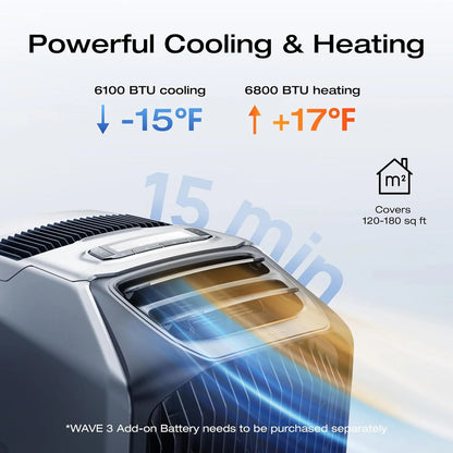 EF EcoFlow WAVE 3 Portable Air Conditioner, 1800W/6100 BTU Cooling and 2000W/6800 BTU Heating, 1000W Fast Charging in 75 mins, 8H Wireless Running, APP Control, for Camping, Vanlife, RVs