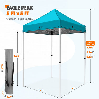 EAGLE PEAK 5x5 Pop Up Canopy Tent Instant Outdoor Canopy Easy Set-up Straight Leg Folding Shelter（Blue）