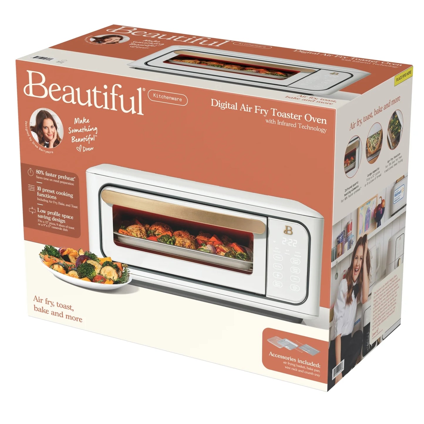 Beautiful Infrared Air Fryer Toaster Oven, 9-Slice, 1800 W, White Icing by Drew Barrymore