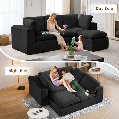 Cloud Sectional Couches for Living Room, Modular L-Shaped Sofa with Ottoman, Corduroy Sleeper Sofa Bed, No Assembly Compression Memory Foam Couch,White