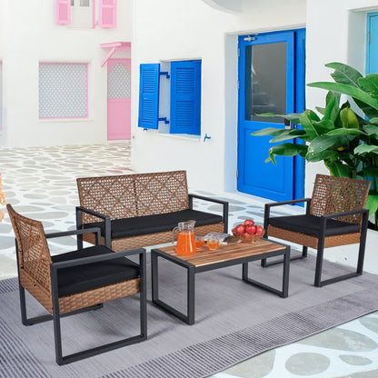 Heavy-duty Patio Furniture Set, 4 Piece Outdoor Sectional Conversation Sets, BrownPE Rattan Patio Sofa Set with Blue Cushions