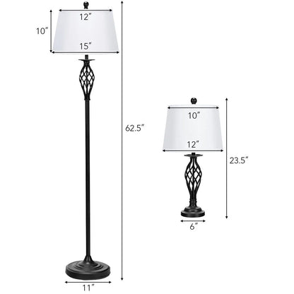 Gymax 3-Piece Lamp Set 2 Table Lamps 1 Floor Lamp Fabric Shades Living Room Bedroom