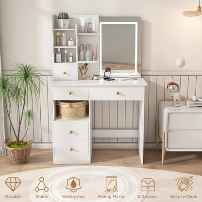 Montary Modern Mini Vanity w/Adjustable LED Mirror + Hidden Storage, Padded Stool & Dustproof Shelves (White)