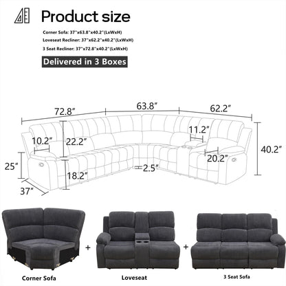 Aukfa 3-Piece Recliner Sofa Set, 6 Seat Sectional Couch with Cup Holders&Storage Console, Gray