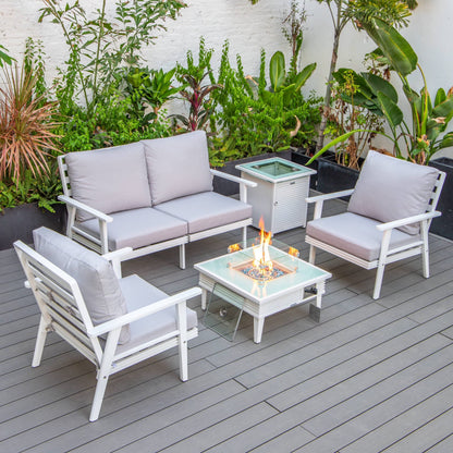 LeisureMod Walbrooke Modern Aluminum 5-Piece Patio Conversation Set with Outdoor Square Fire Pit Table with Slats Design & Side Table Tank Holder (Green)