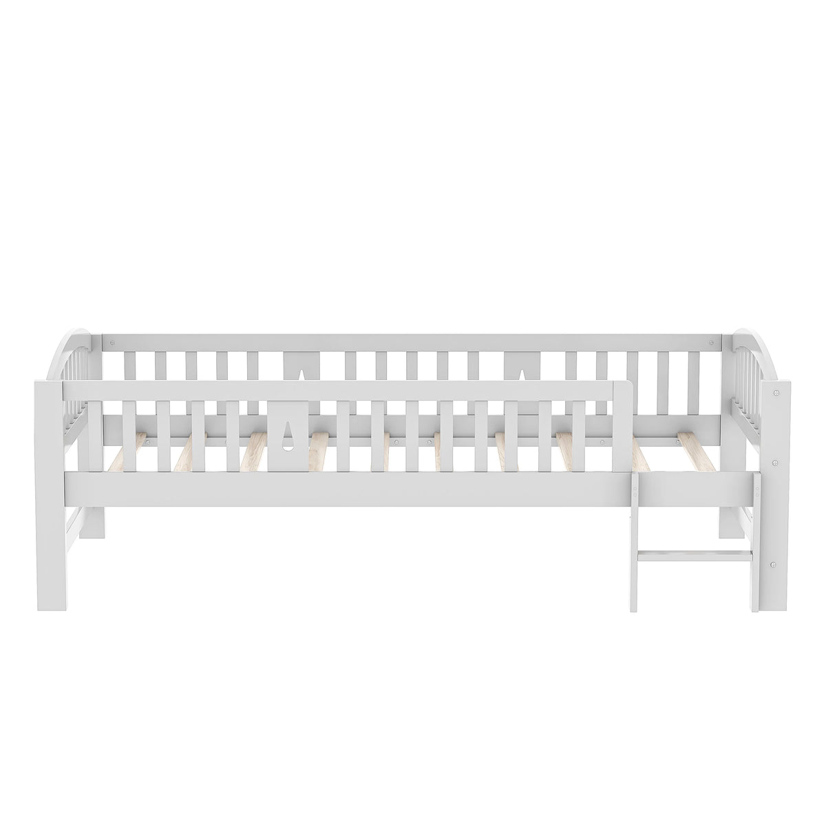 SESSLIFE Twin Size Platform Bed, Solid Wood Twin Bed Frame with Slats, Fence Guardrail Ladder, Twin Floor Bed with Strong Legs for Boys Girls, No Box Spring Needed, Holds 400 lbs, White