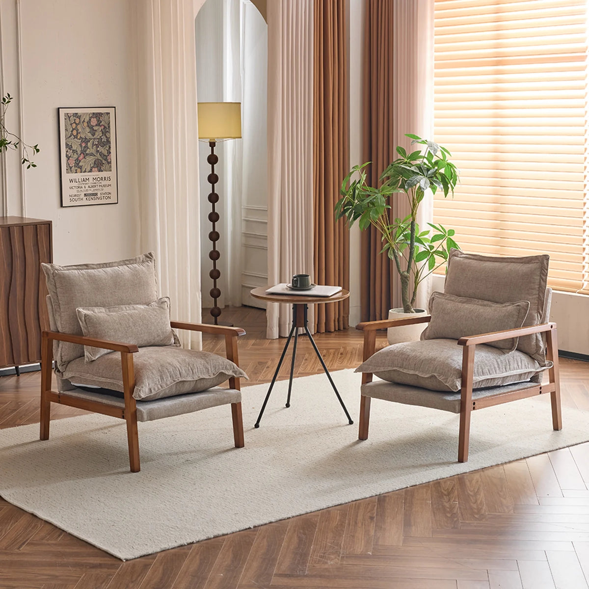 Ktaxon Chenille Accent Chair, Solid Wood Armrests Armchair, Metal Frame for Stability, Single Sofa with Comfortable Cushions and Lumbar Pillow Beige