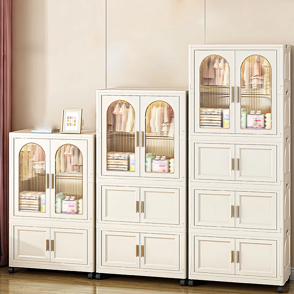 PORKISS Portable Wardrobe Closet, Folding Bedroom Armoire with Wheels, Plastic Storage Basket Can be Freely Combined (1 Layer of Wardrobe + 2 Layers of Folding Boxes+10 Hangers), Cream White-57.09"H