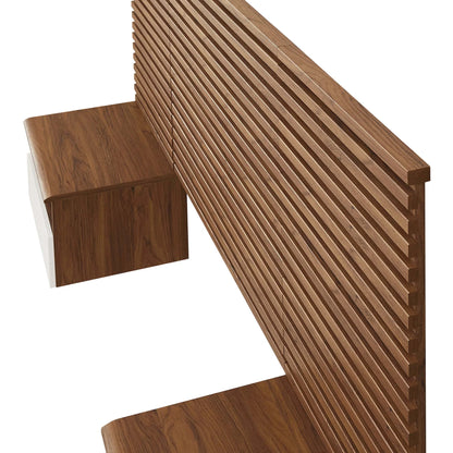 Modway Render Wall Mount Queen Headboard and Modern Nightstands in Walnut