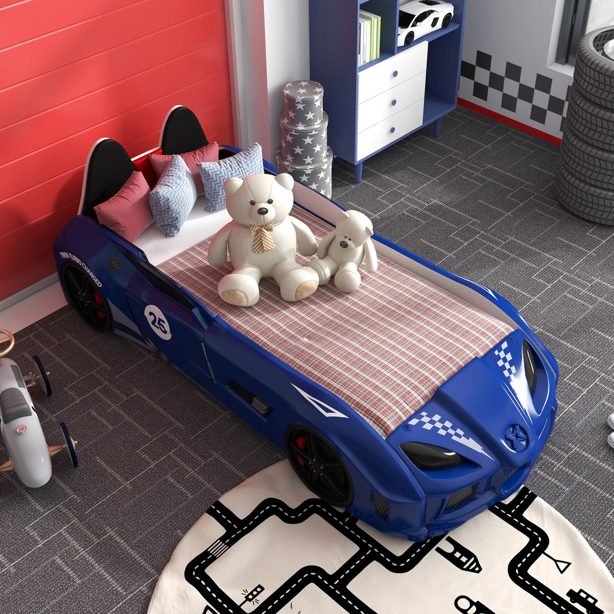 Furniture of America Dash Kids Plastic Twin Race Car Bed with LED and Sound, White