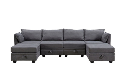Oversized Modular Sectional Sofa with 2 Pillows, Convertible Sofa Bed with Storage Seat & Storage Ottoman, Upholstered U-Shaped Sectional Sofa with Reversible Chaise, 6 Seaters Sofa Sleeper Sofa