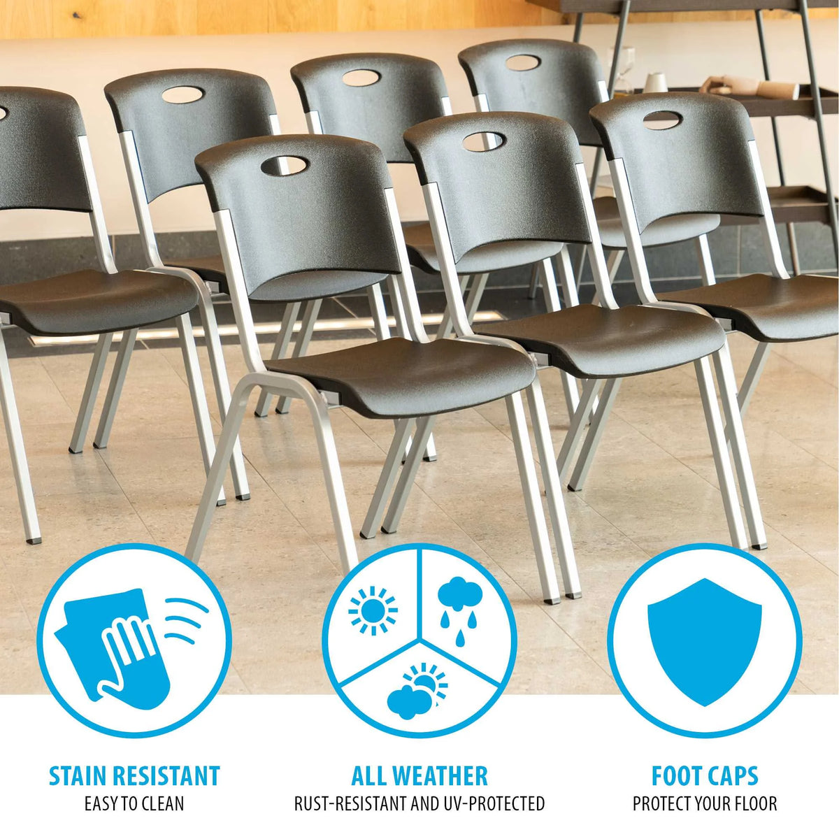 Lifetime Steel Framed Indoor/Outdoor Commercial Grade Stacking Chairs, Black & Silver, (Set of 14) 80569