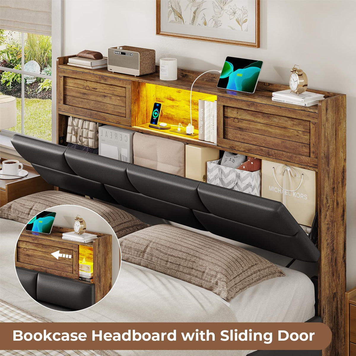 Twin Bed Frame with Bookcase Headboard and Storage, Barn Doors Twin Size Upholstered Beds with 4 Under Bed Storage Drawers & Charging Station & LED Lights, Grey