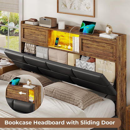 Twin Bed Frame with Bookcase Headboard and Storage, Barn Doors Twin Size Upholstered Beds with 4 Under Bed Storage Drawers & Charging Station & LED Lights, Grey