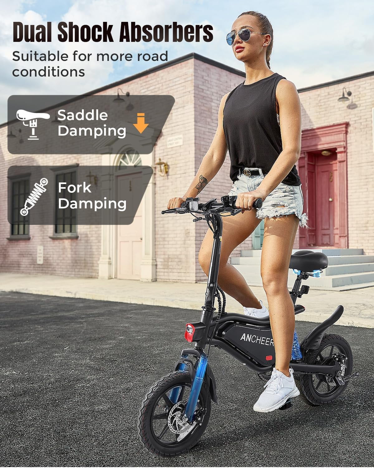ANCHEER Peak 500W Electric Bike for Adults, Foldable Electric Bikes with 48V 374Wh Battery, 14" Electric Bicycle for Men Women, LCD Digital Display, Cruise Control Ebikes, Dual Suspension Fork UL2849