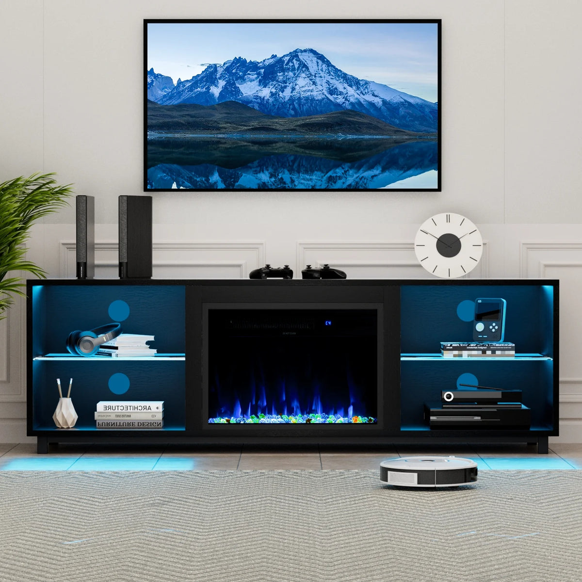 Easoger Fireplace TV Stand, 68'' TV Stand with 23" Electric Fireplace, LED Light Entertainment Center, TV Stands for 80 inch TV, Black