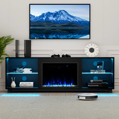 Easoger Fireplace TV Stand, 68'' TV Stand with 23" Electric Fireplace, LED Light Entertainment Center, TV Stands for 80 inch TV, Black